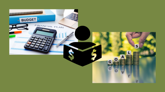 On the left, image of a desktop with papers, notebooks, a binder, laptop, calculator, eye glasses, and pens for a budget and financial planning concept. In the center, vector art of a person studying financial literacy book. On the right, image of a hand placing dice on stacks of coins increasing in height from left to right to form the word “GOALS”.